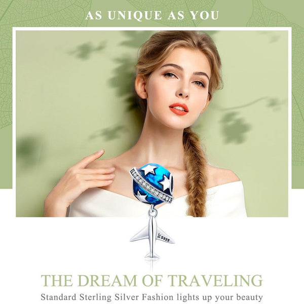 Airplane Stars Travel Dream Enamel Sterling Silver CZ Bead Charm Bracelet Necklace