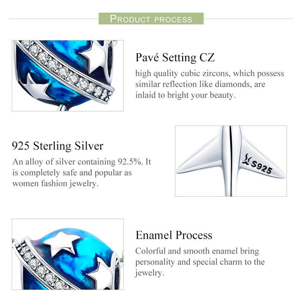 Airplane Stars Travel Dream Enamel Sterling Silver CZ Bead Charm Bracelet Necklace