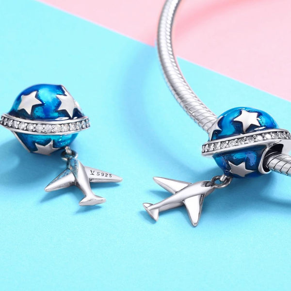Airplane Stars Travel Dream Enamel Sterling Silver CZ Bead Charm Bracelet Necklace