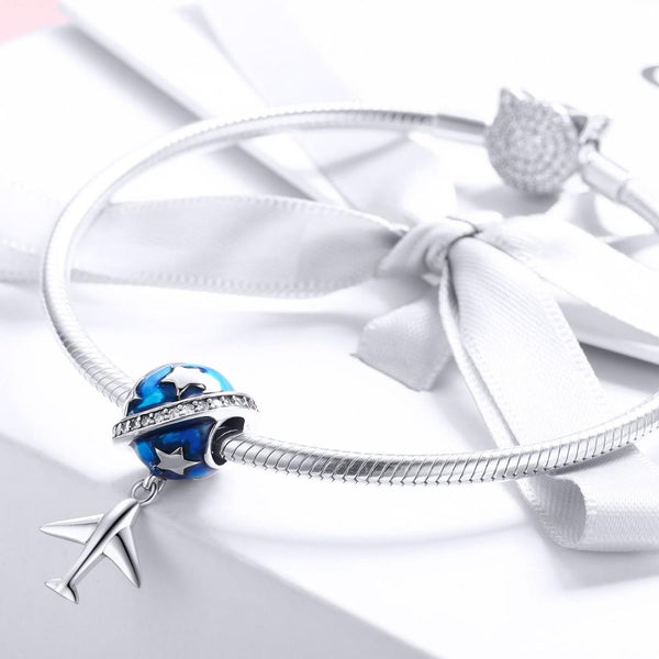 Airplane Stars Travel Dream Enamel Sterling Silver CZ Bead Charm Bracelet Necklace