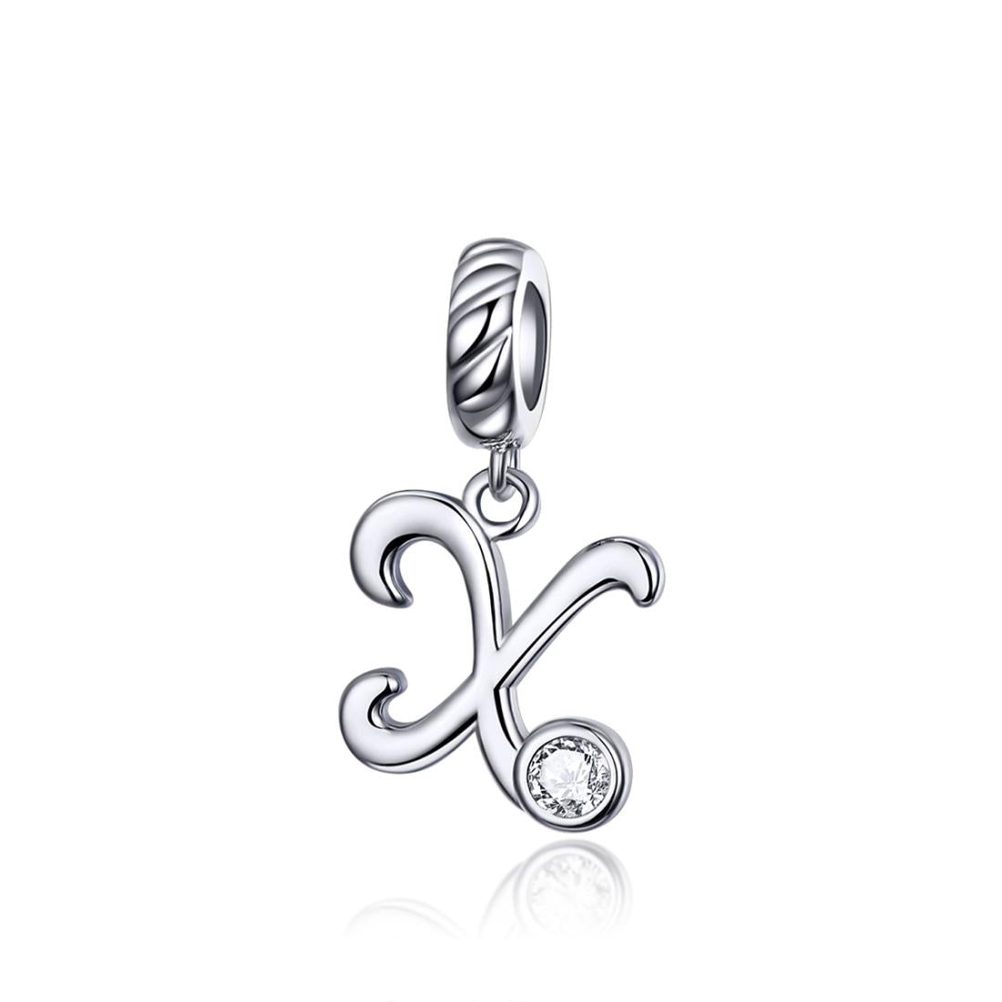 X Letter Initial Platinum Plated Sterling Silver Crystal Zircon Charm Bracelet Necklace