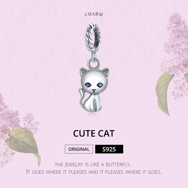 Cat Kitty Kitten Sterling Silver Ziron CZ Bead Charm Bracelet Necklace