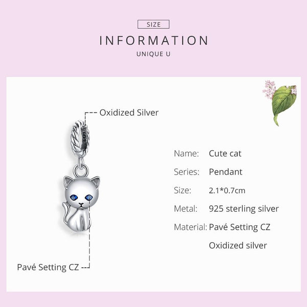 Cat Kitty Kitten Sterling Silver Ziron CZ Bead Charm Bracelet Necklace