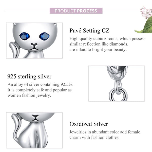 Cat Kitty Kitten Sterling Silver Ziron CZ Bead Charm Bracelet Necklace