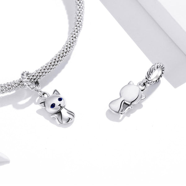 Cat Kitty Kitten Sterling Silver Ziron CZ Bead Charm Bracelet Necklace