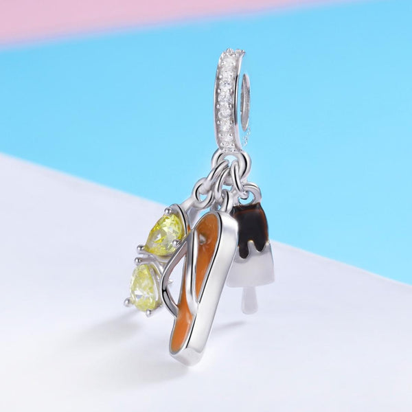Thong Ice Cream Sunglasses Enamel Sterling Silver CZ Bead Charm Bracelet Necklace
