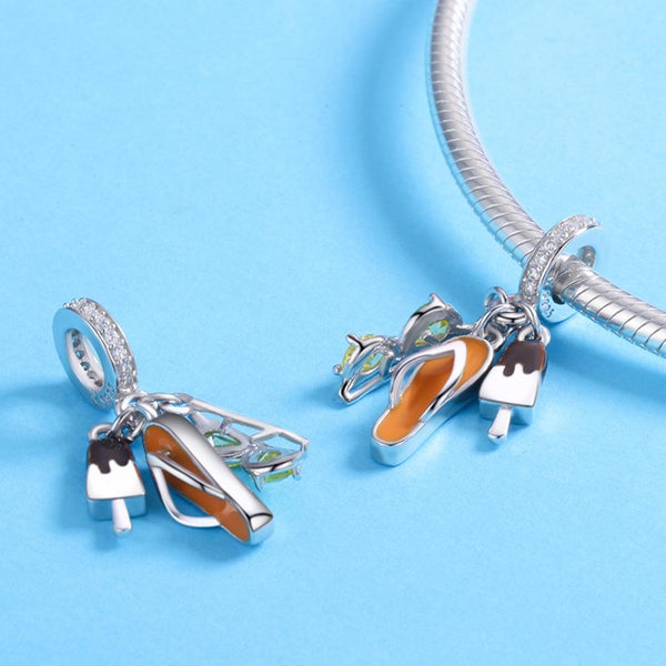 Thong Ice Cream Sunglasses Enamel Sterling Silver CZ Bead Charm Bracelet Necklace