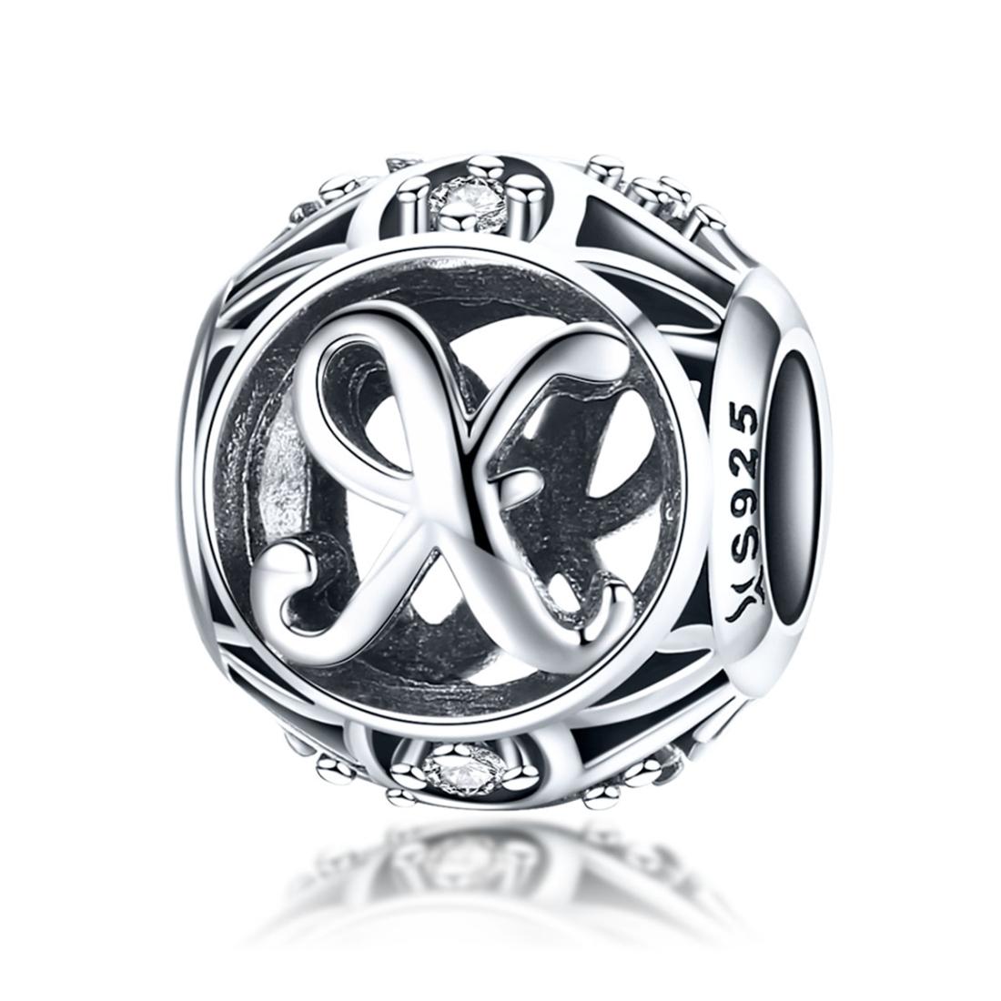 X Initial Letter Sterling Silver Zircon CZ Bead Charm Bracelet Necklace