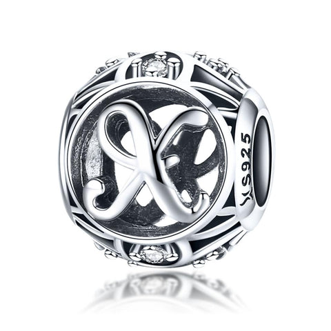 X Initial Letter Sterling Silver Zircon CZ Bead Charm Bracelet Necklace