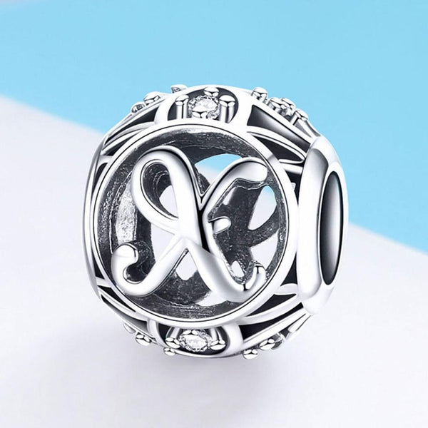 X Initial Letter Sterling Silver Zircon CZ Bead Charm Bracelet Necklace