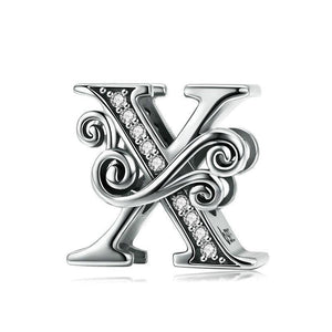 Initial Letter Gothic Victorian Sterling Silver Zircon CZ Bead Charm Bracelet X