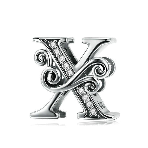 Initial Letter Gothic Victorian Sterling Silver Zircon CZ Bead Charm Bracelet X