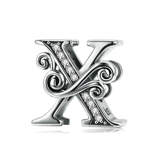 Initial Letter Gothic Victorian Sterling Silver Zircon CZ Bead Charm Bracelet X