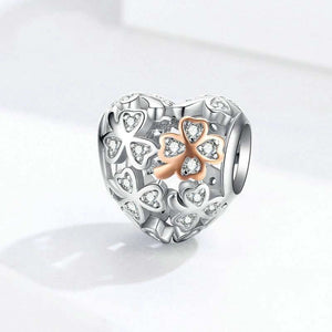 Lucky Clover Heart Sterling Silver Bead Charm Pendant Bracelet Necklace