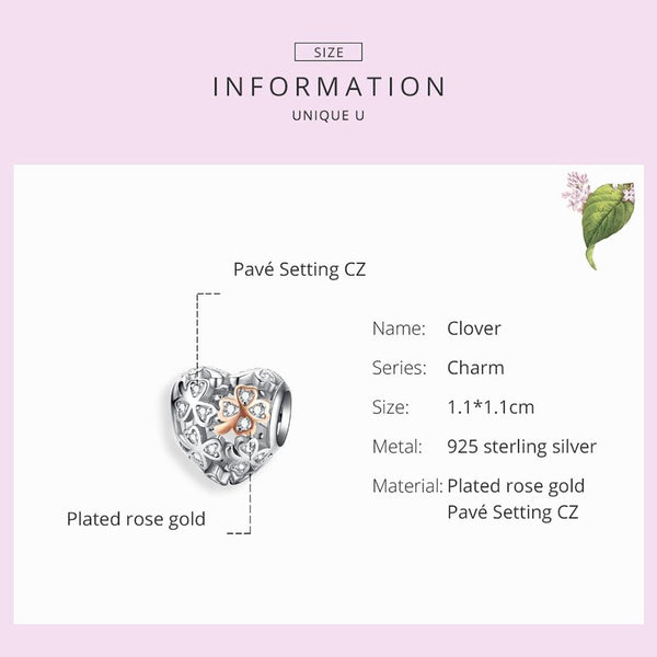 Lucky Clover Heart Sterling Silver Bead Charm Pendant Bracelet Necklace
