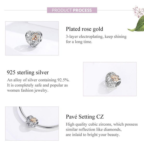 Lucky Clover Heart Sterling Silver Bead Charm Pendant Bracelet Necklace