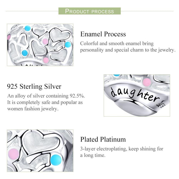 Daughter Love Heart Enamel Sterling Silver Bead Charm Pendant Bracelet Necklace