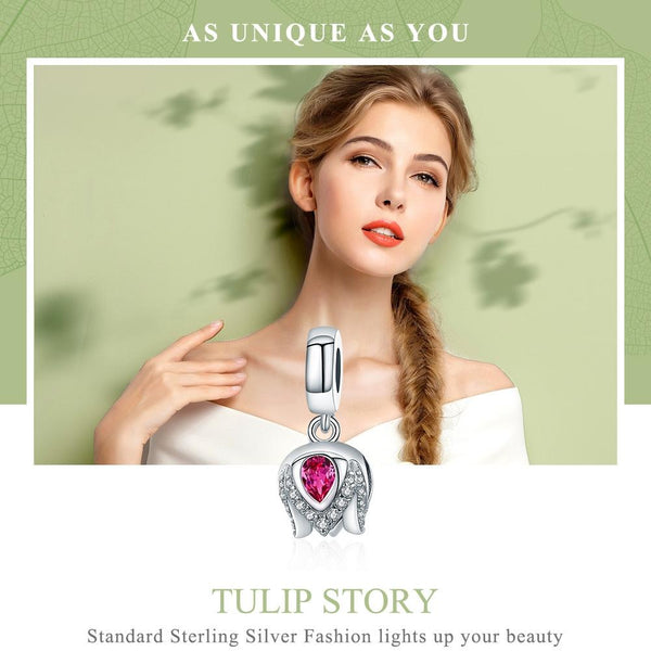 Tulip Sterling Silver Zircon CZ Bead Charm Pendant Bracelet Necklace