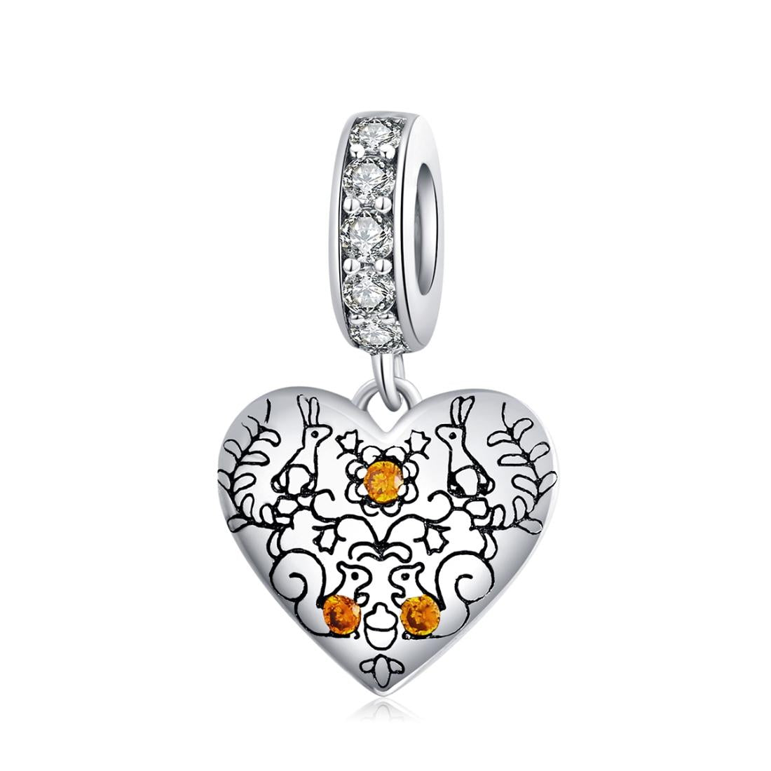 Squirrels Rabbits Heart Sterling Silver Zircon CZ Bead Charm Bracelet Necklace