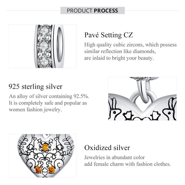 Squirrels Rabbits Heart Sterling Silver Zircon CZ Bead Charm Bracelet Necklace