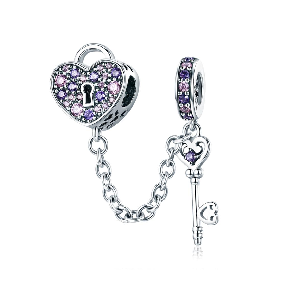 Key Heart Sterling Silver Zircon CZ Safety Chain For Bracelets
