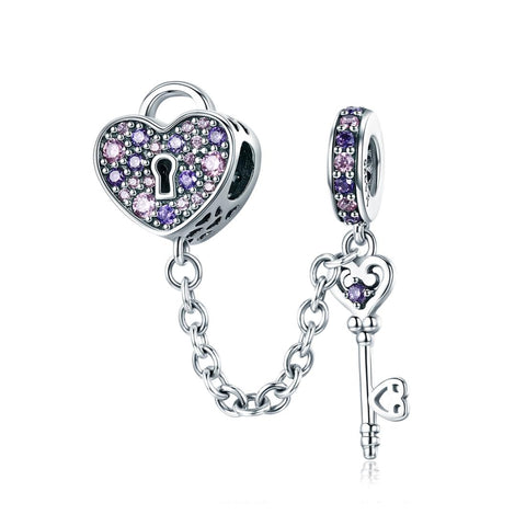 Key Heart Sterling Silver Zircon CZ Safety Chain For Bracelets