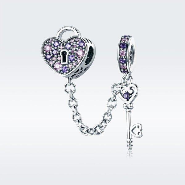 Key Heart Sterling Silver Zircon CZ Safety Chain For Bracelets