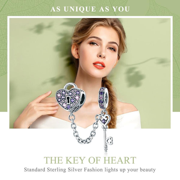 Key Heart Sterling Silver Zircon CZ Safety Chain For Bracelets