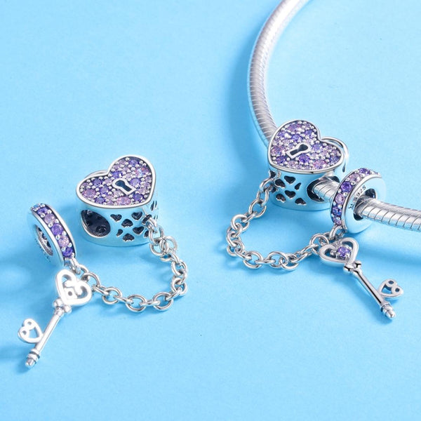Key Heart Sterling Silver Zircon CZ Safety Chain For Bracelets