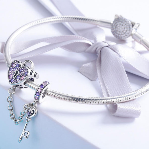Key Heart Sterling Silver Zircon CZ Safety Chain For Bracelets