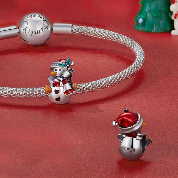 Snowman Enamel Sterling Silver Bead Charm Bracelet Necklace Pendant
