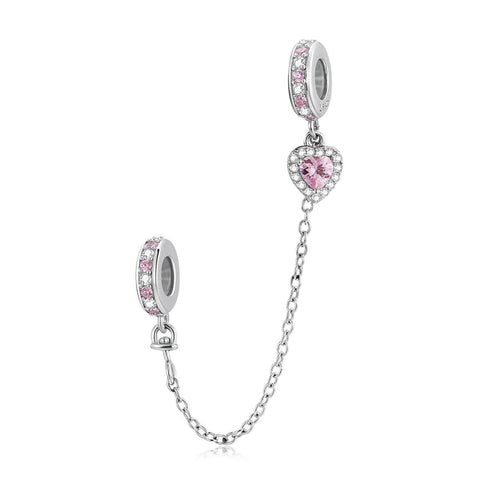 Pink Heart Platinum Plated Sterling Silver Crystal Zircon Safety Chain Charm Bracelet