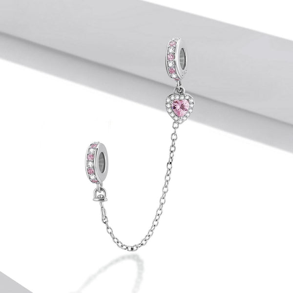 Pink Heart Platinum Plated Sterling Silver Crystal Zircon Safety Chain Charm Bracelet