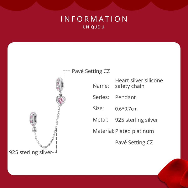 Pink Heart Platinum Plated Sterling Silver Crystal Zircon Safety Chain Charm Bracelet