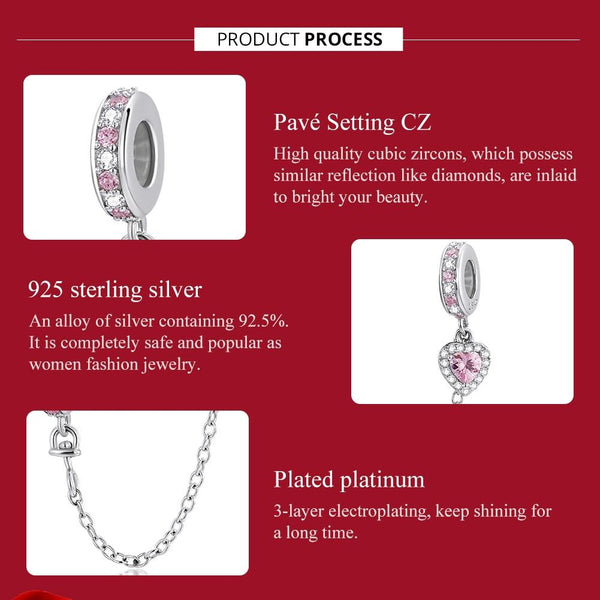 Pink Heart Platinum Plated Sterling Silver Crystal Zircon Safety Chain Charm Bracelet