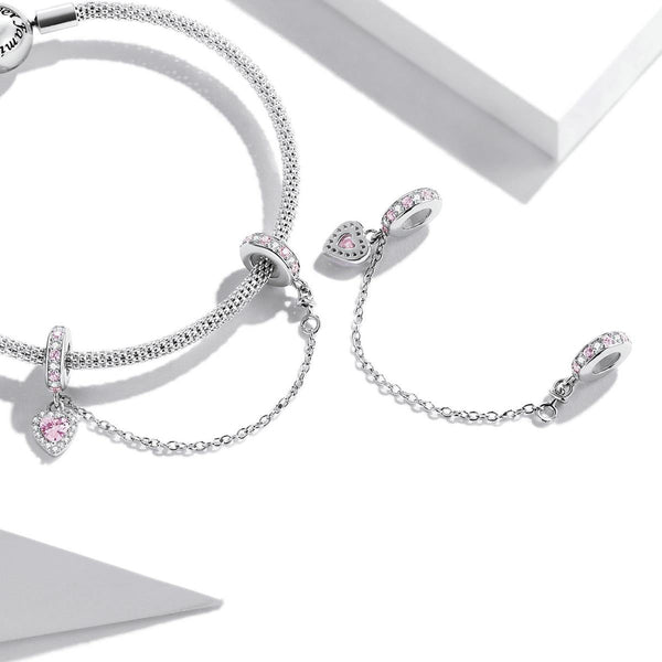 Pink Heart Platinum Plated Sterling Silver Crystal Zircon Safety Chain Charm Bracelet