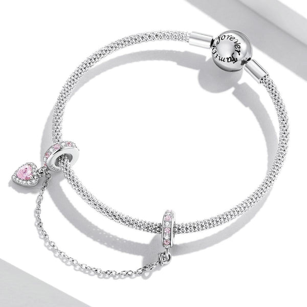 Pink Heart Platinum Plated Sterling Silver Crystal Zircon Safety Chain Charm Bracelet