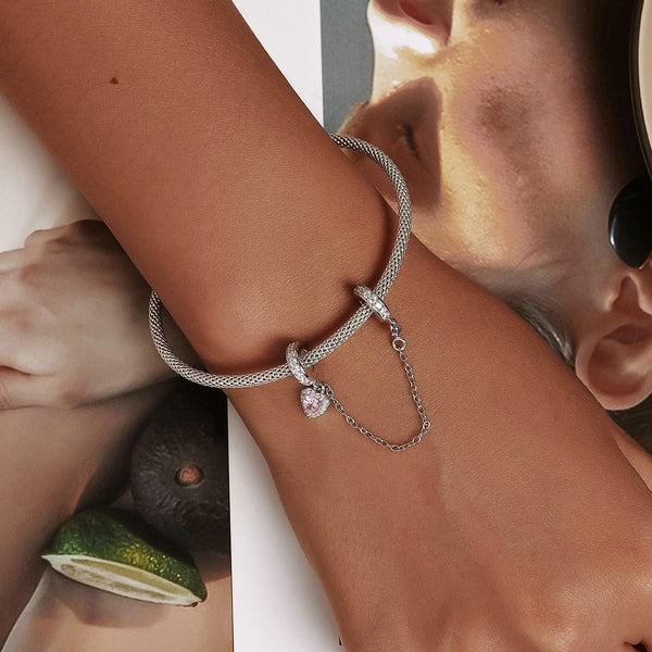 Pink Heart Platinum Plated Sterling Silver Crystal Zircon Safety Chain Charm Bracelet