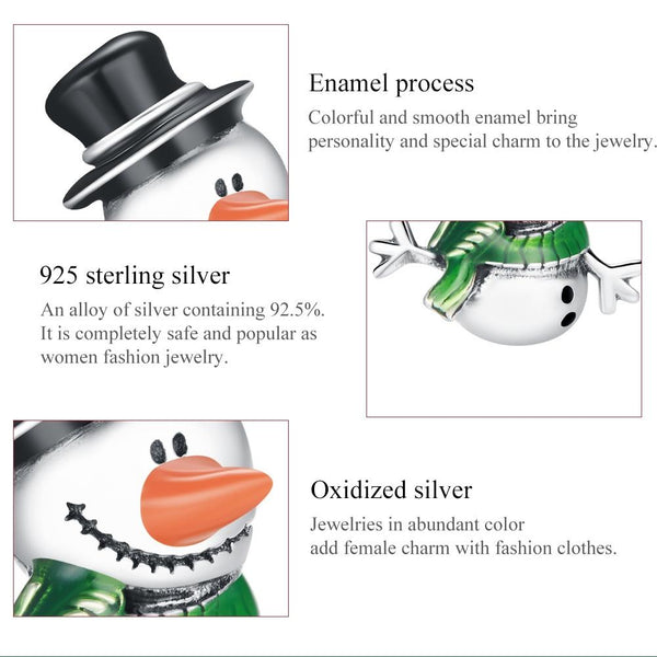 Snowman Enamel Sterling Silver Bead Charm Pendant Bracelet Necklace