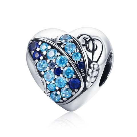 Blue Crystal Butterfly Heart Sterling Silver Zircon CZ Bead Charm Bracelet Necklace