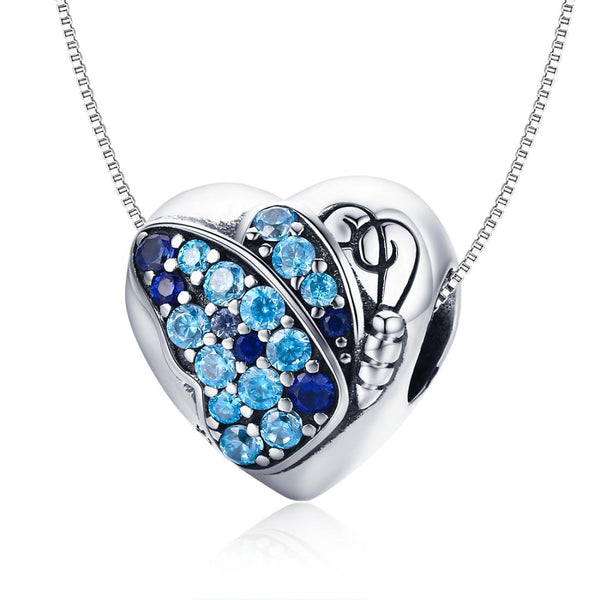 Blue Crystal Butterfly Heart Sterling Silver Zircon CZ Bead Charm Bracelet Necklace