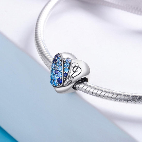 Blue Crystal Butterfly Heart Sterling Silver Zircon CZ Bead Charm Bracelet Necklace