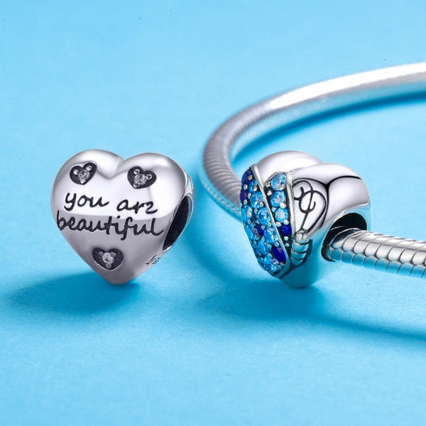 Blue Crystal Butterfly Heart Sterling Silver Zircon CZ Bead Charm Bracelet Necklace
