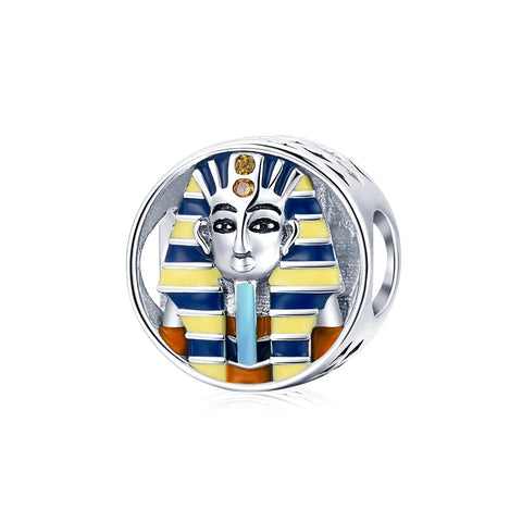 Egyptian Pharoah Head Enamel Sterling Silver CZ Bead Charm Bracelet Necklace