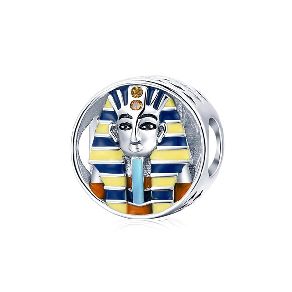 Egyptian Pharoah Head Enamel Sterling Silver CZ Bead Charm Bracelet Necklace