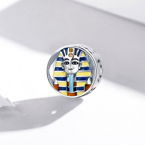 Egyptian Pharoah Head Enamel Sterling Silver CZ Bead Charm Bracelet Necklace