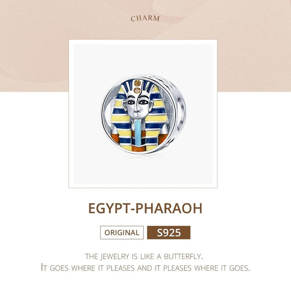 Egyptian Pharoah Head Enamel Sterling Silver CZ Bead Charm Bracelet Necklace