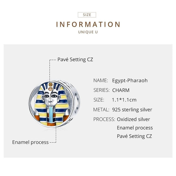 Egyptian Pharoah Head Enamel Sterling Silver CZ Bead Charm Bracelet Necklace