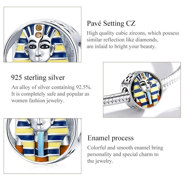 Egyptian Pharoah Head Enamel Sterling Silver CZ Bead Charm Bracelet Necklace