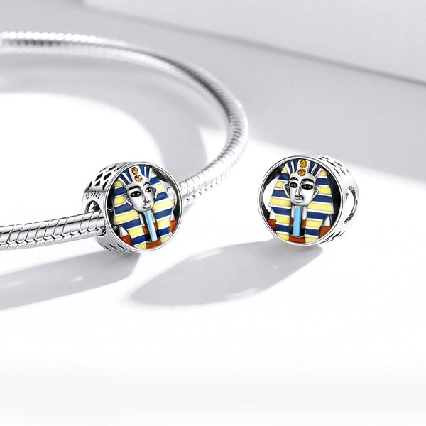 Egyptian Pharoah Head Enamel Sterling Silver CZ Bead Charm Bracelet Necklace